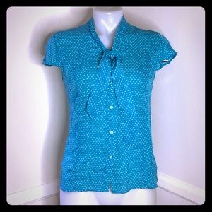 Blue Polka Dot Button Up Silk Blouse Collar Frill